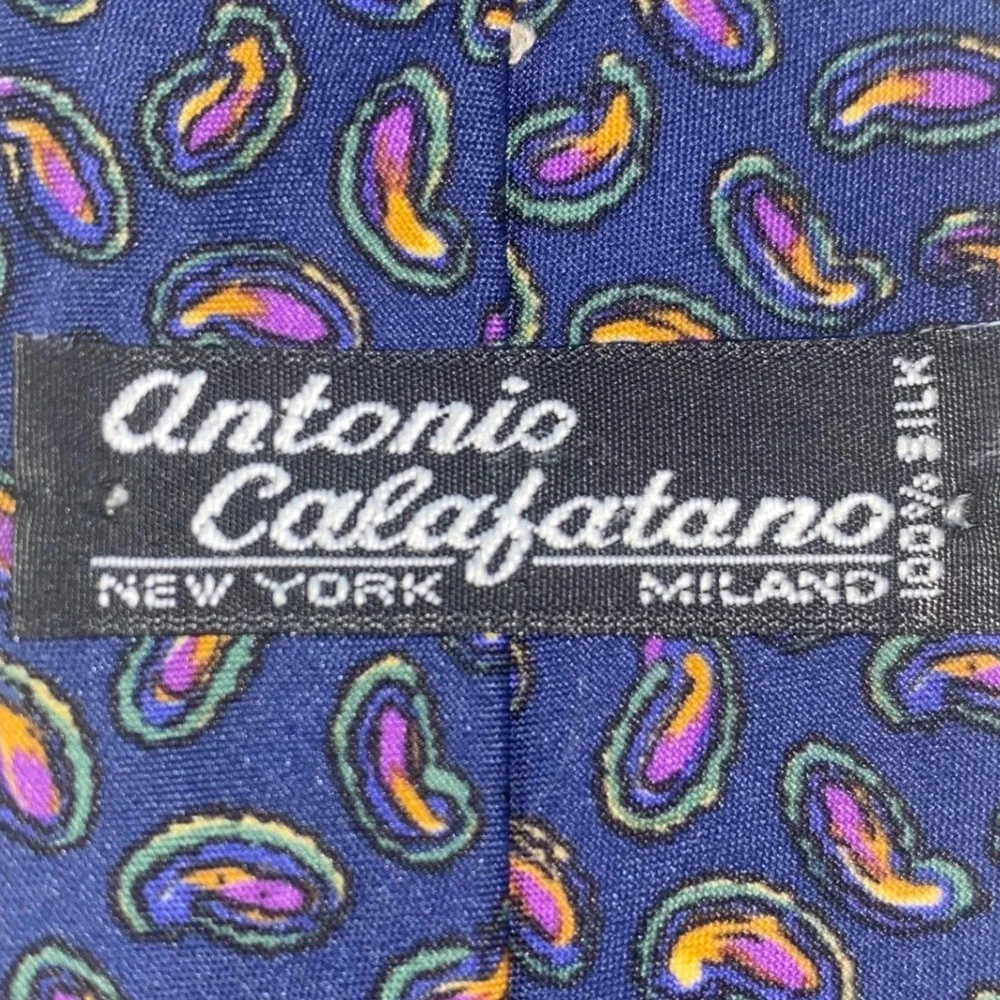 Antonio Calafatano Silk Paisley Necktie Navy‎ Blue Purple Orange Green 2856